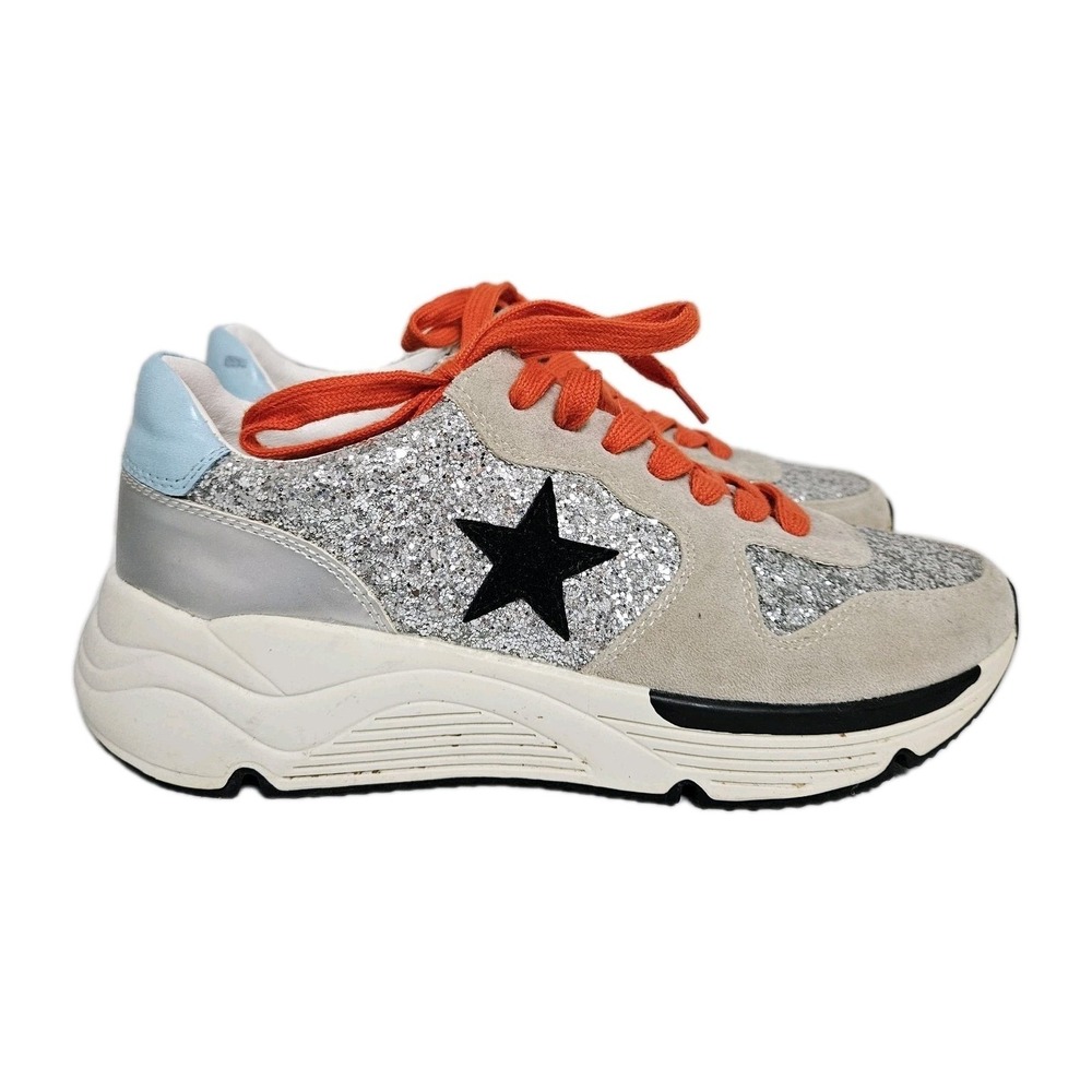 White Raven Sneakers Women 8 Silver Glitter Star Orange Lace Chunky Platform Low